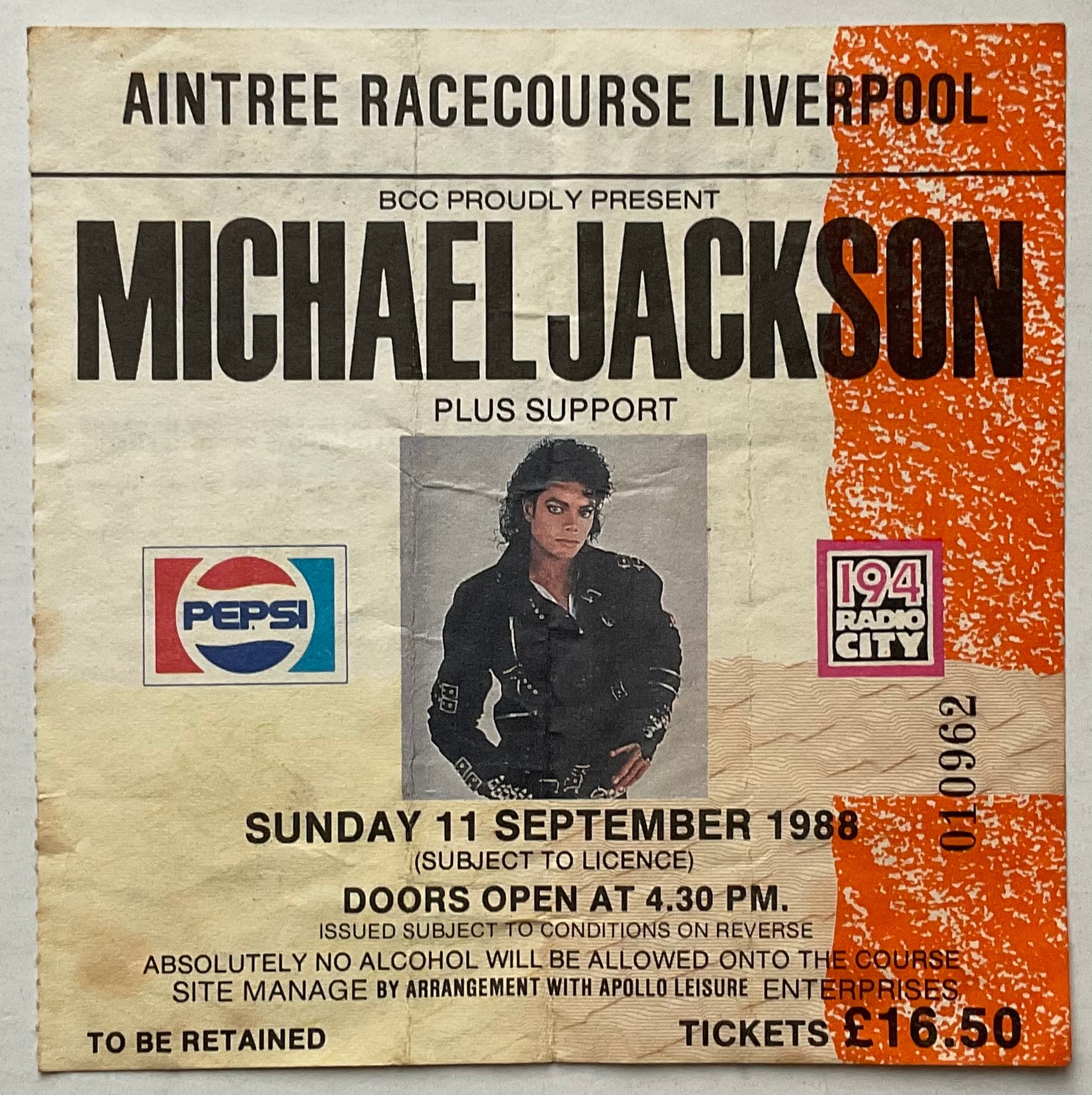 Michael Jackson Original Used Concert Ticket Aintree Racecourse Liverpool 11th Sep 1988