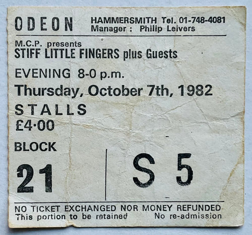 Stiff Little Fingers Original Used Concert Ticket Hammersmith Odeon London 7th Oct 1982