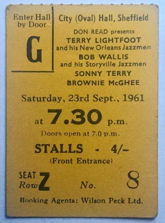 Terry Lightfoot Bob Wallis Sonny Terry Original Used Concert Ticket City Hall Sheffield 1961