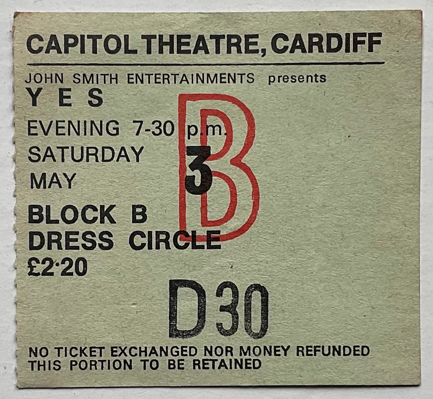 Yes Original Used Concert Ticket Capitol Theatre Cardiff 3rd May 1975
