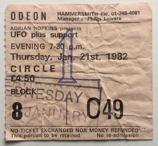 UFO U.F.O. Original Used Concert Ticket Hammersmith Odeon London 21st Jan 1982