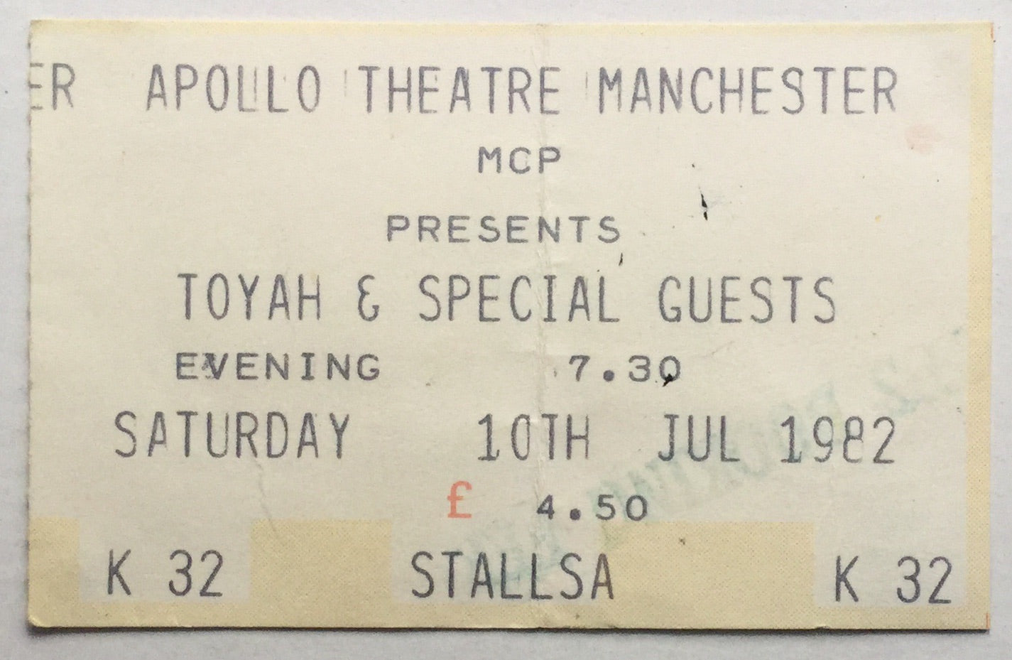 Toyah Original Used Concert Ticket Apollo Theatre Manchester 10th Jul 1982