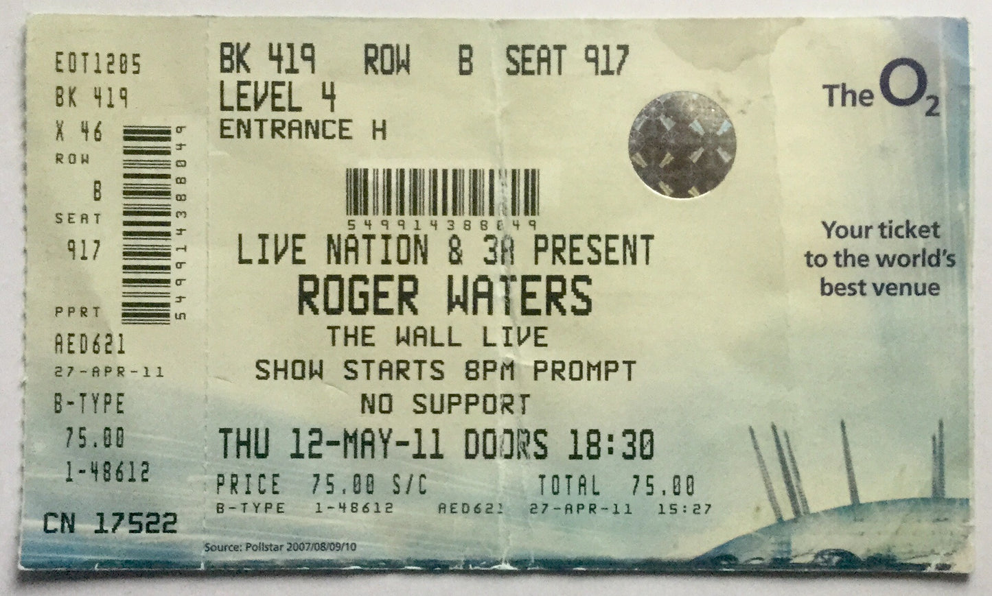 Pink Floyd Roger Waters Original Used Concert Ticket O2 Arena London 12th May 2011