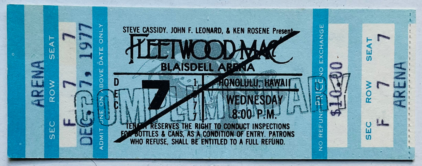 Fleetwood Mac Original Unused Concert Ticket Blaisdell Arena Honolulu 7th Dec 1977