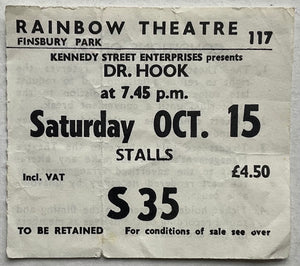 Dr. Hook Original Used Concert Ticket Rainbow Theatre London 15th Oct 1977