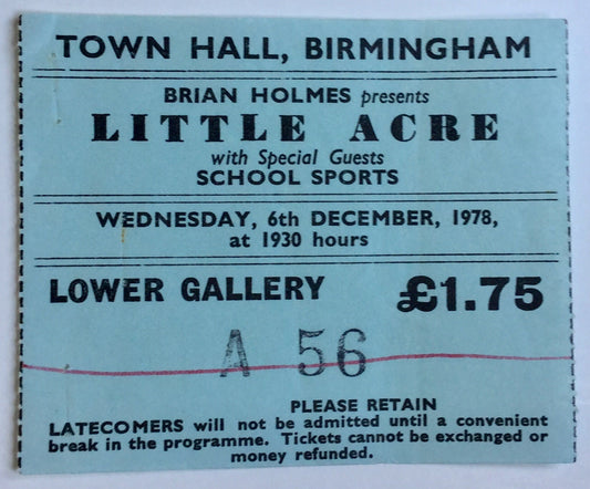 Little Acre Schools Sports Original Used Concert Ticket Town Hall Birmingham 6th Dec 1978