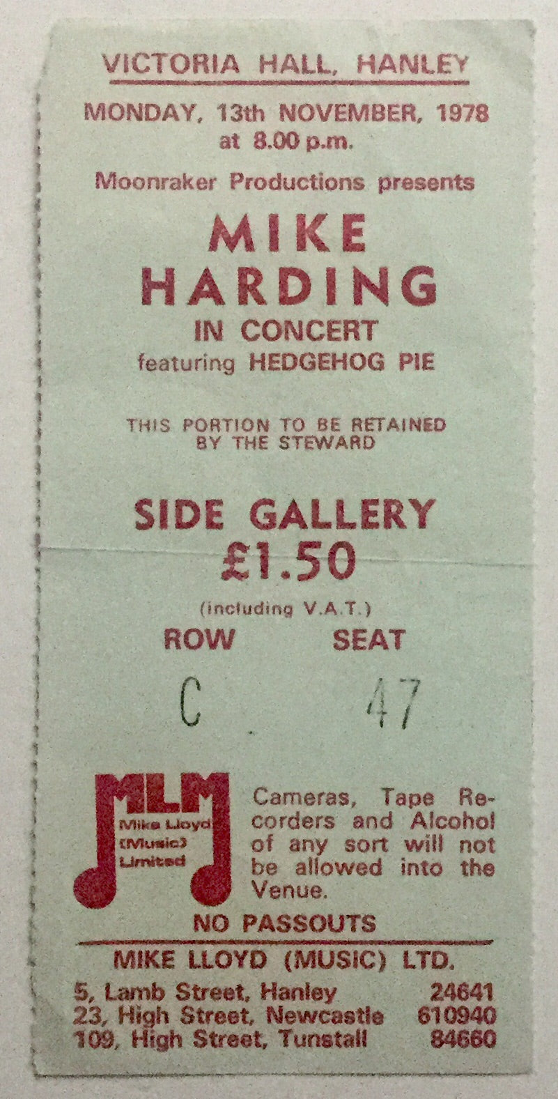 Mike Harding Original Used Concert Ticket Victoria Hall Hanley 13th Nov 1978