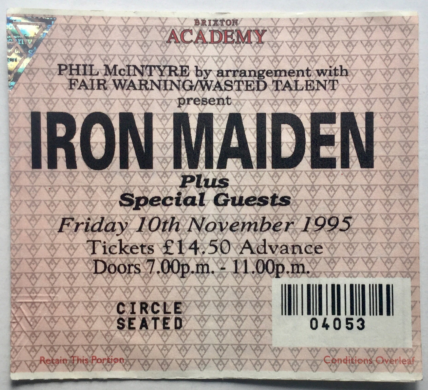 Iron Maiden Original Used Concert Ticket Brixton Academy London 19th Nov 1995