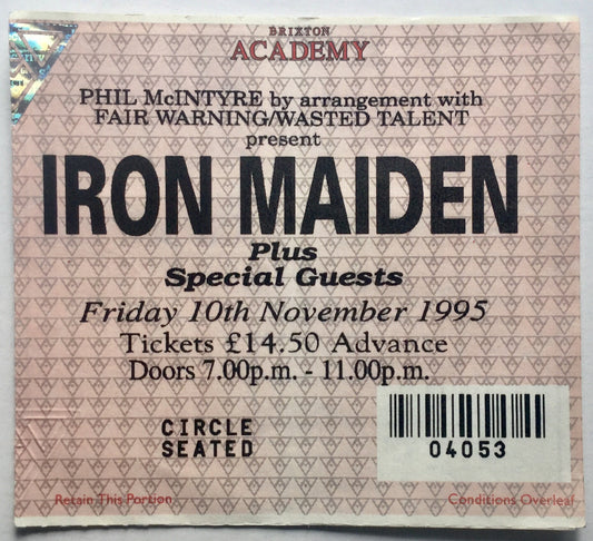 Iron Maiden Original Used Concert Ticket Brixton Academy London 19th Nov 1995