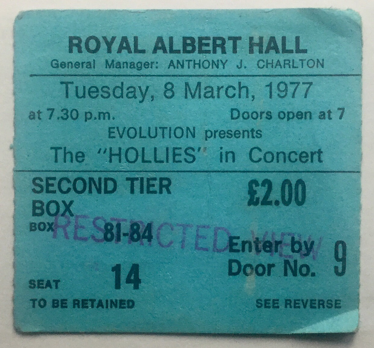 Hollies Original Used Concert Ticket Royal Albert Hall London 8th Mar 1977