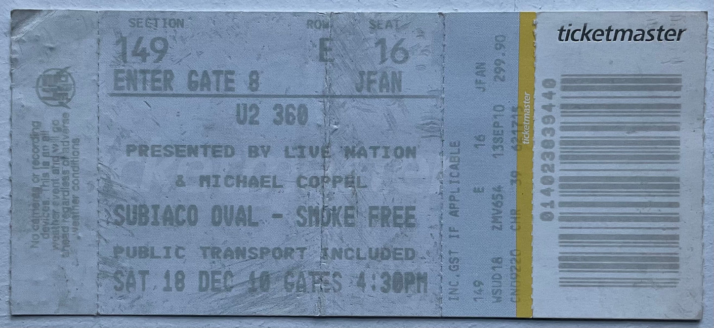 U2 Original Used Concert Ticket Subiaco Oval Perth 18th Dec 2010