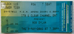 Bob Dylan Original Used Concert Ticket MEN Arena Manchester 9th May 2002