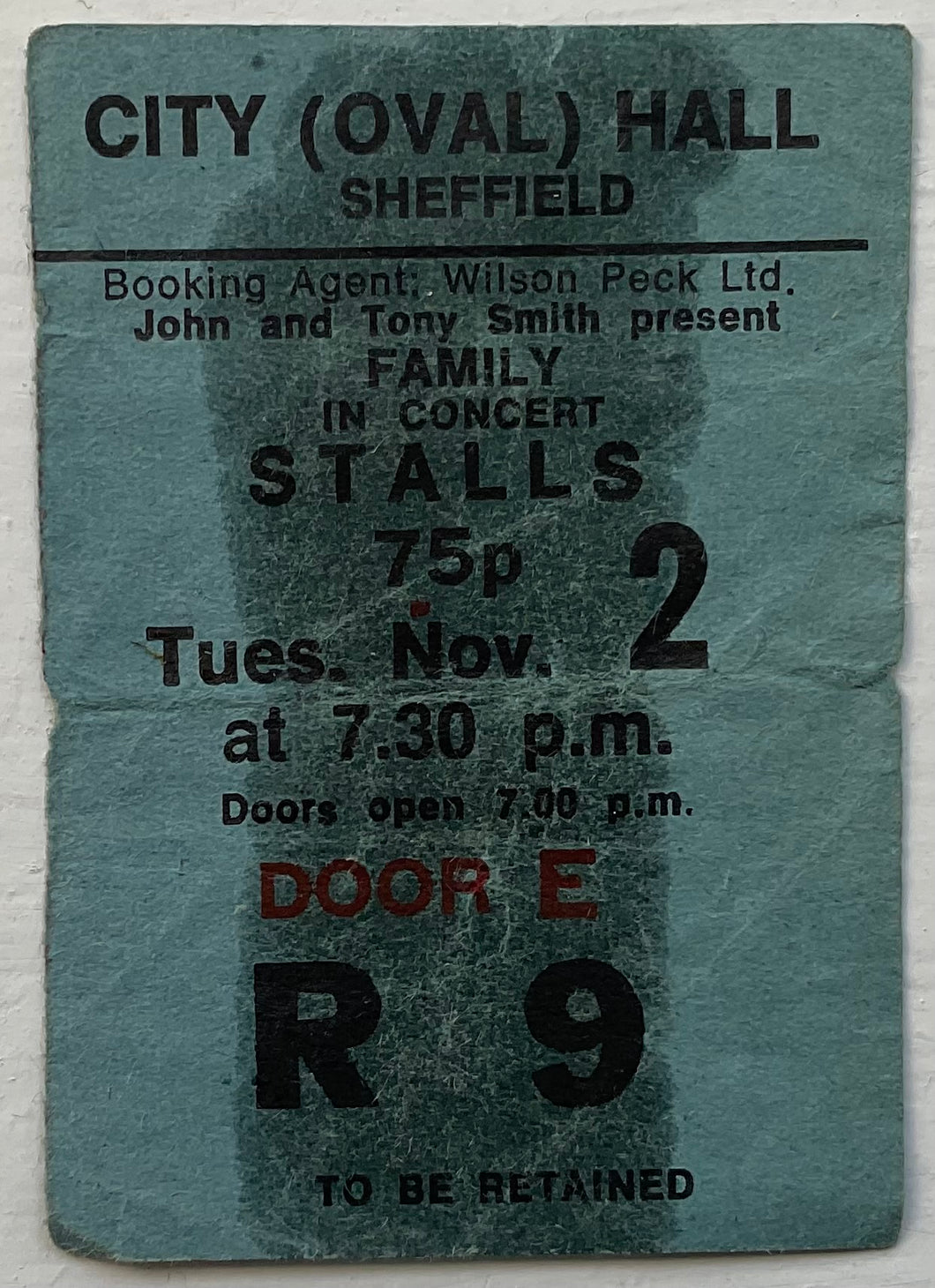 Family Original Used Concert Ticket City Hall Sheffield 2nd Nov 1971