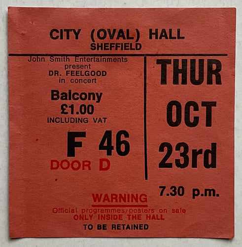 Dr Feelgood Original Used Concert Ticket City Hall Sheffield 23rd Oct 1975