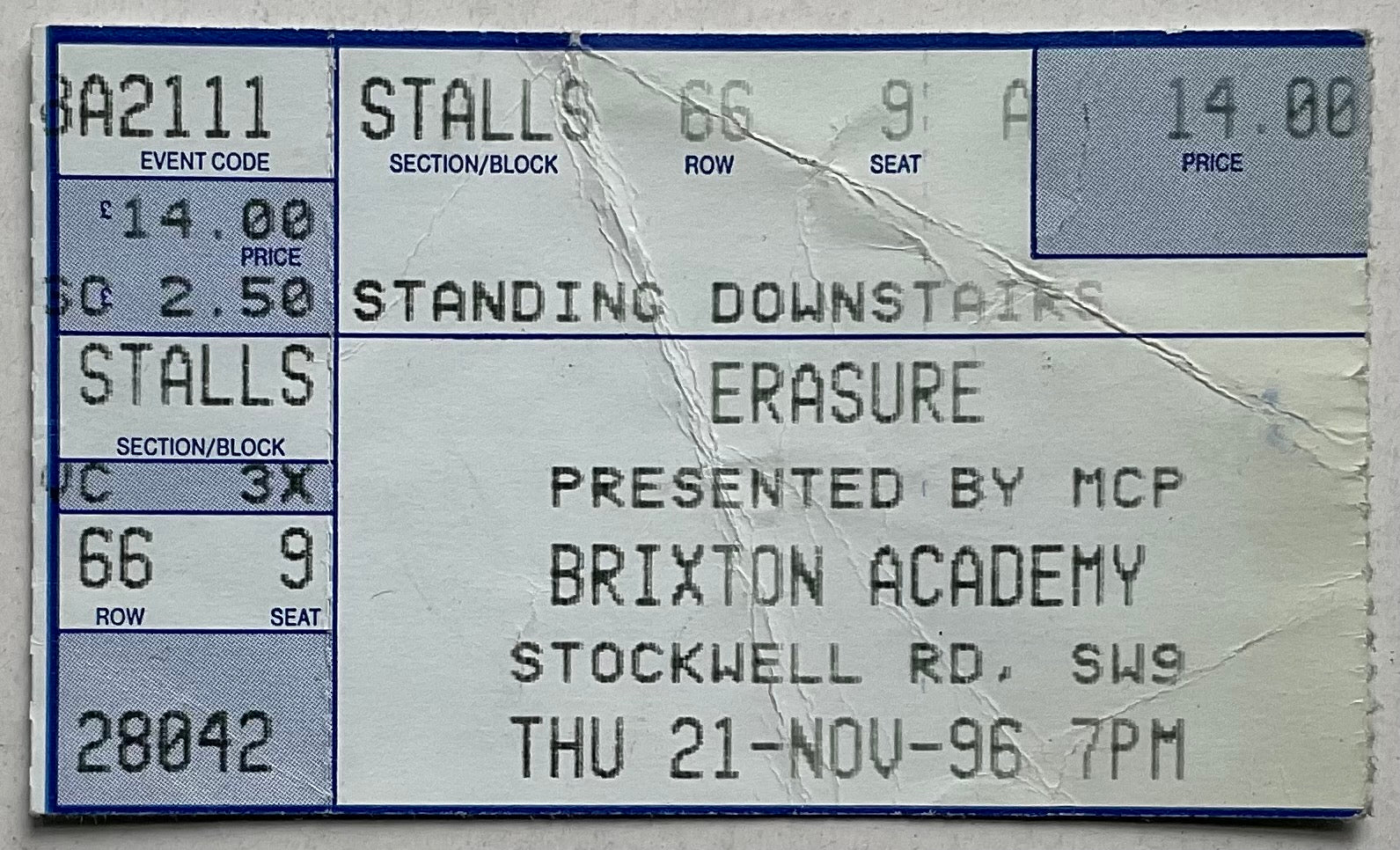 Erasure Original Used Concert Ticket Brixton Academy London 21st Nov 1996