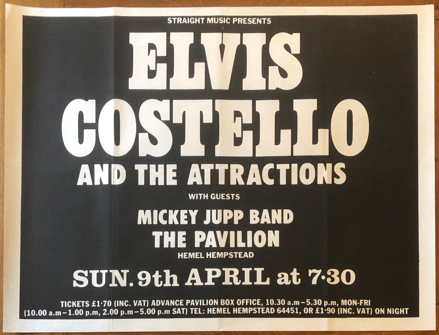 Elvis Costello Original Concert Gig Poster The Pavilion Hemel Hempstead 9th April 1978