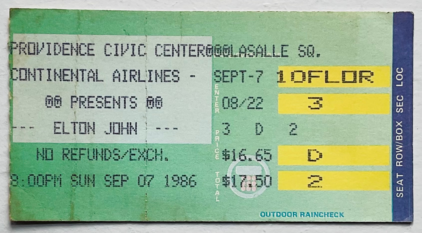 Elton John Original Used Concert Ticket Providence Civic Center 7th Sep 1986