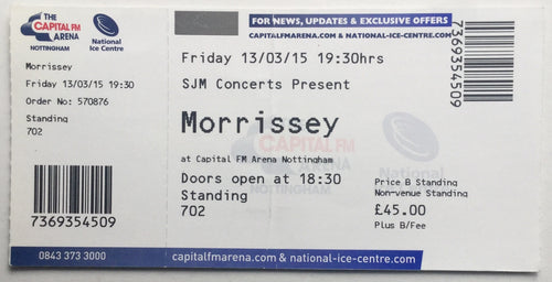 Morrissey Original Unused Complete Concert Ticket Nottingham 13th Mar 2015