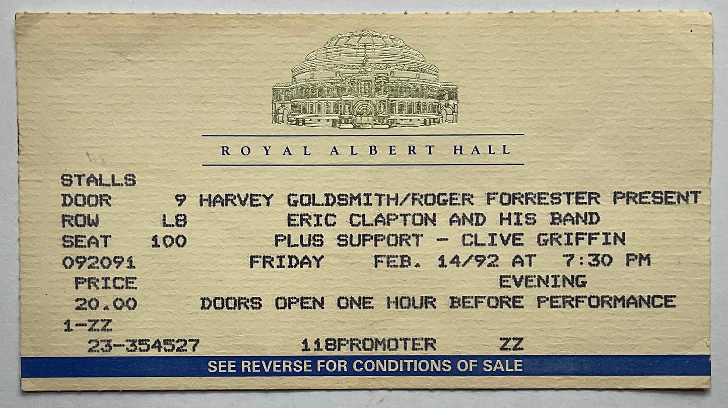 Eric Clapton Original Used Concert Ticket Royal Albert Hall London 14th Feb 1992