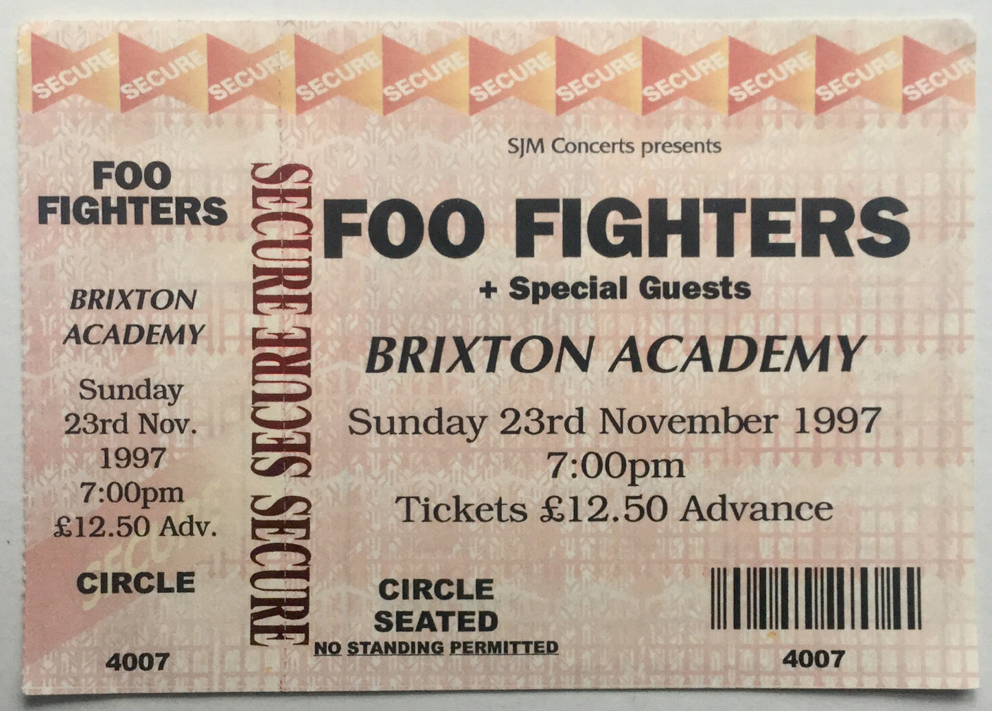 Foo Fighters Original Unused Concert Ticket Brixton Academy London 23rd Nov 1997
