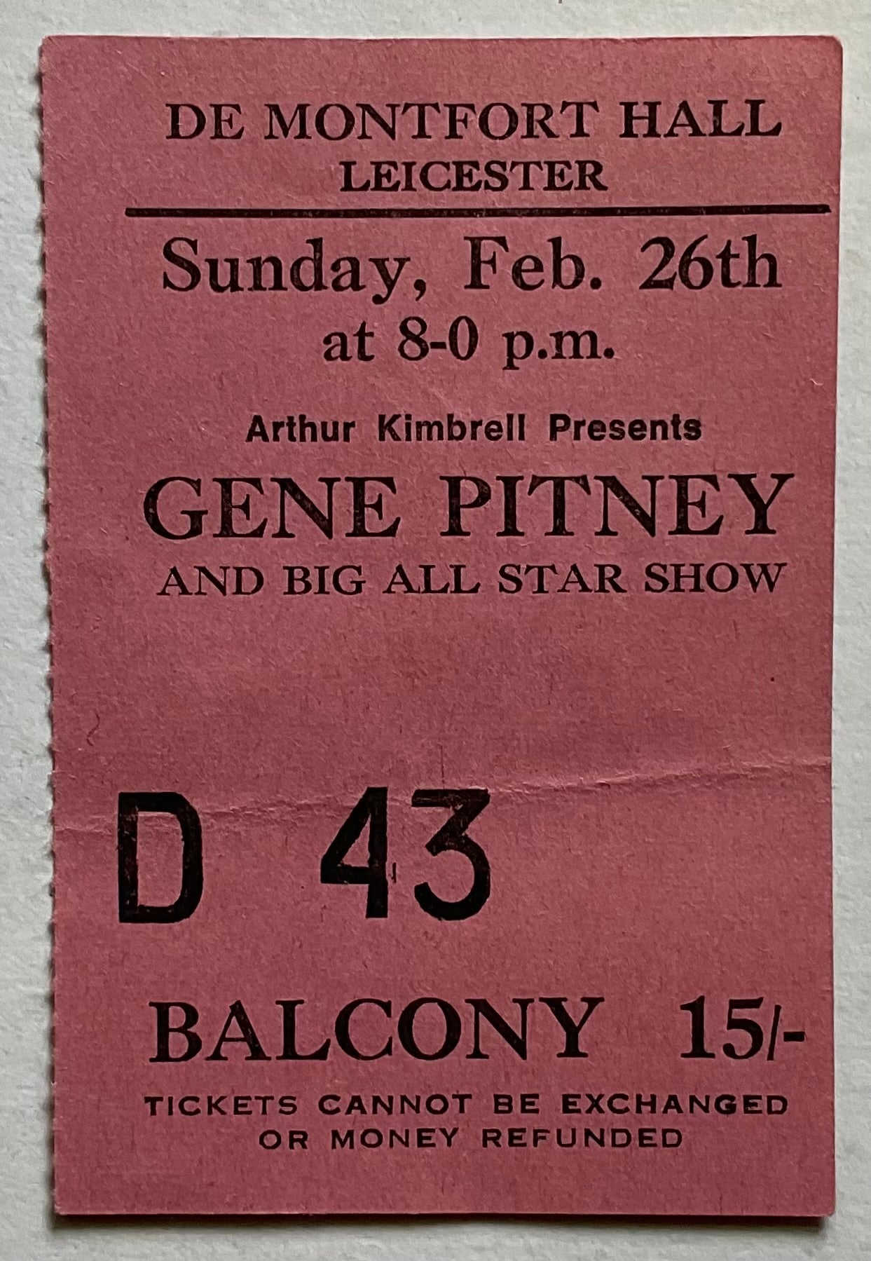 Gene Pitney Troggs Original Concert Ticket De Montford Hall Leicester 26th Feb 1967