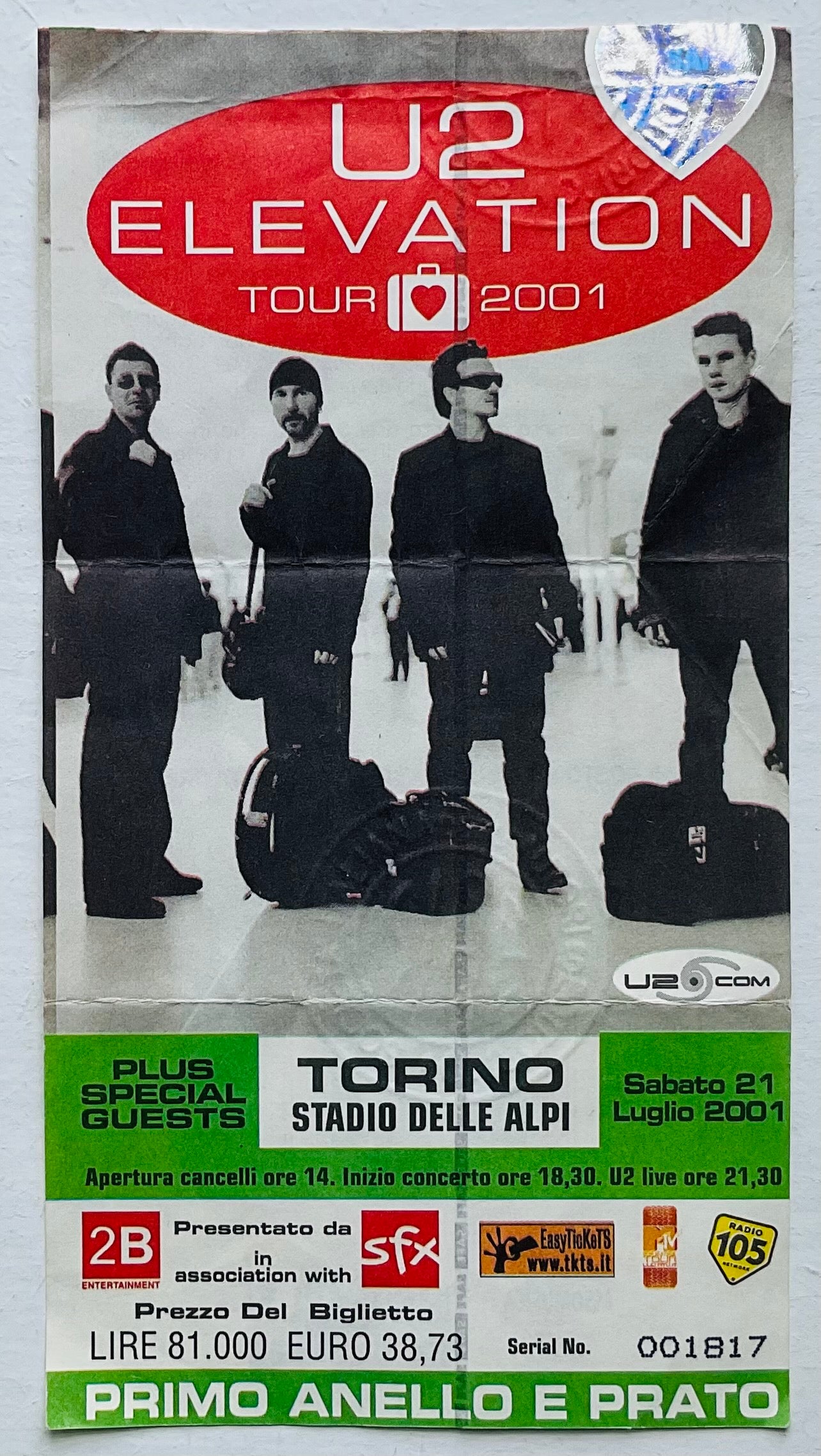 U2 Original Used Concert Ticket Stadio delve Alpi Turin 21st Jul 2001
