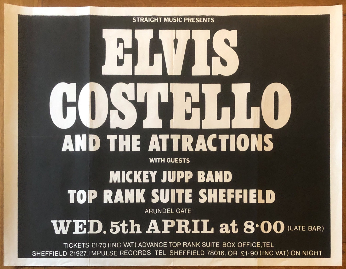 Elvis Costello Original Concert Gig Poster Top Rank Suite Sheffield 5th April 1978