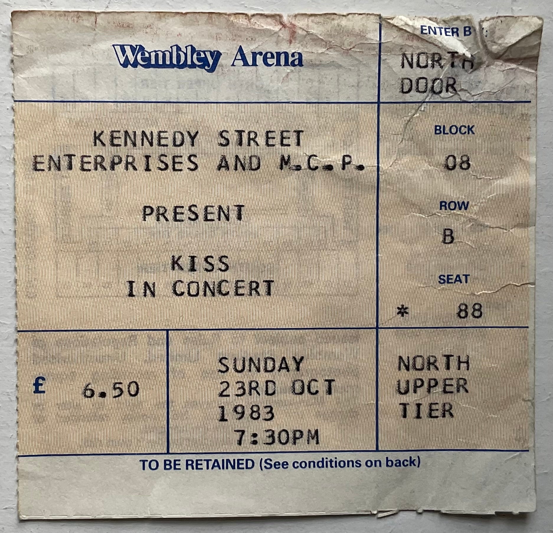 Kiss Original Used Concert Ticket Wembley Arena London 23rd Oct 1983