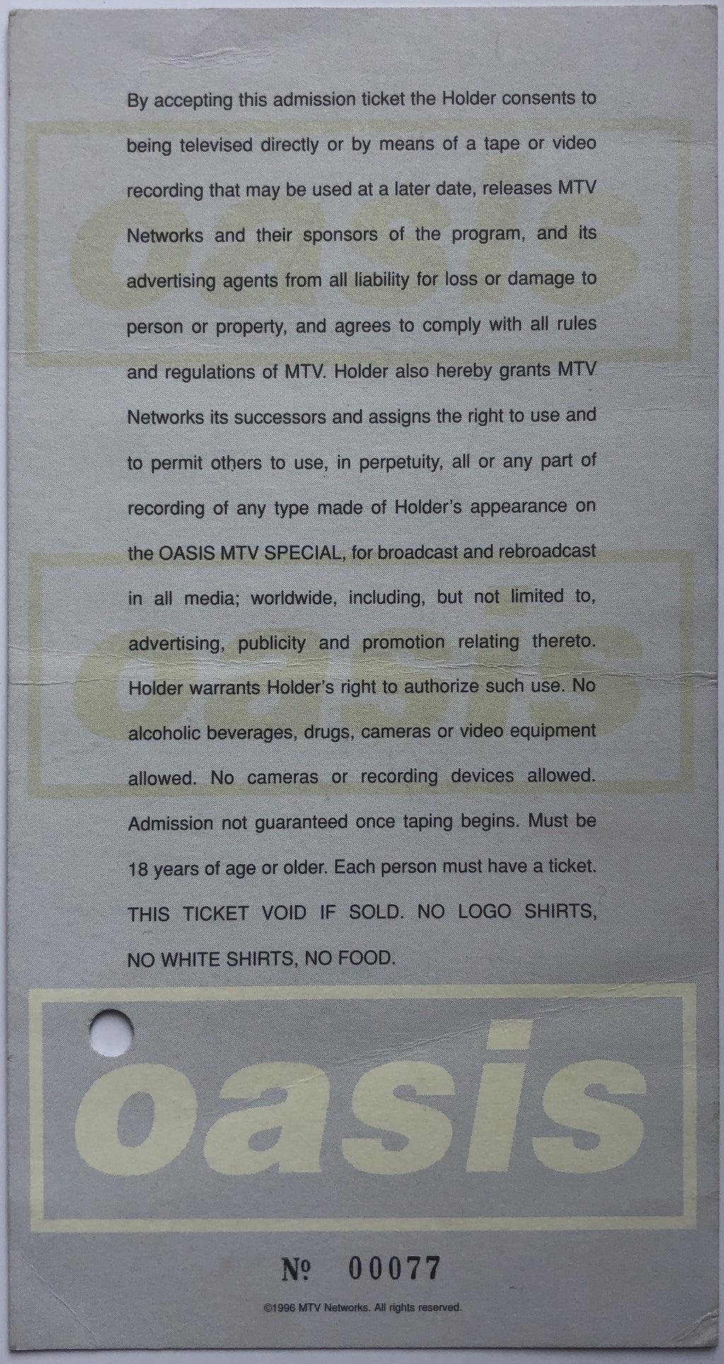 Oasis Original Rare Concert Ticket MTV Unplugged Royal Festival Hall London 23rd Aug 1996