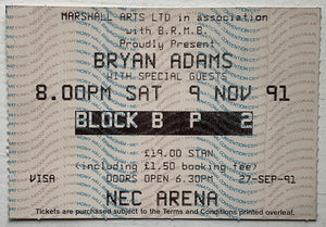 Bryan Adams Original Used Concert Ticket NEC Arena Birmingham 9th Nov 1991