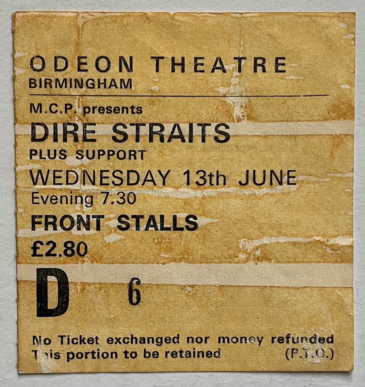 Dire Straits Original Used Concert Ticket Odeon Theatre Birmingham 13th June 1979