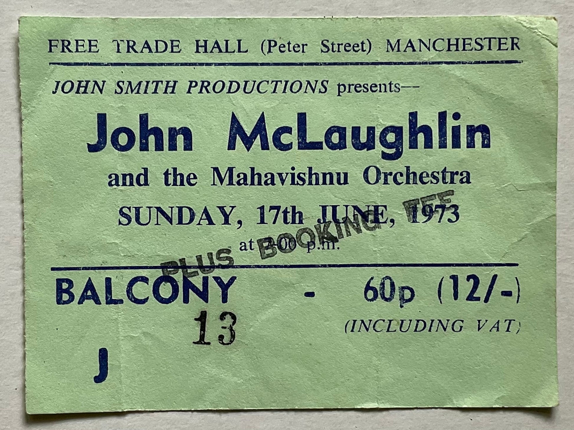 John McLaughlin Original Used Concert Ticket Free Trade Hall Manchester 17th Jun 1973