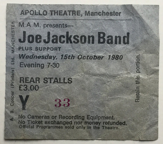 Joe Jackson Original Used Concert Ticket Apollo Theatre Manchester 15th Oct 1980