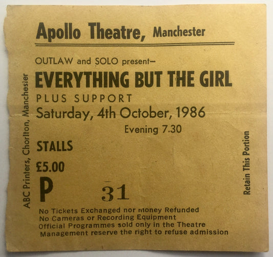 Everthing But The Girl Original Used Concert Ticket Apollo Theatre Manchester 4th Oct 1986