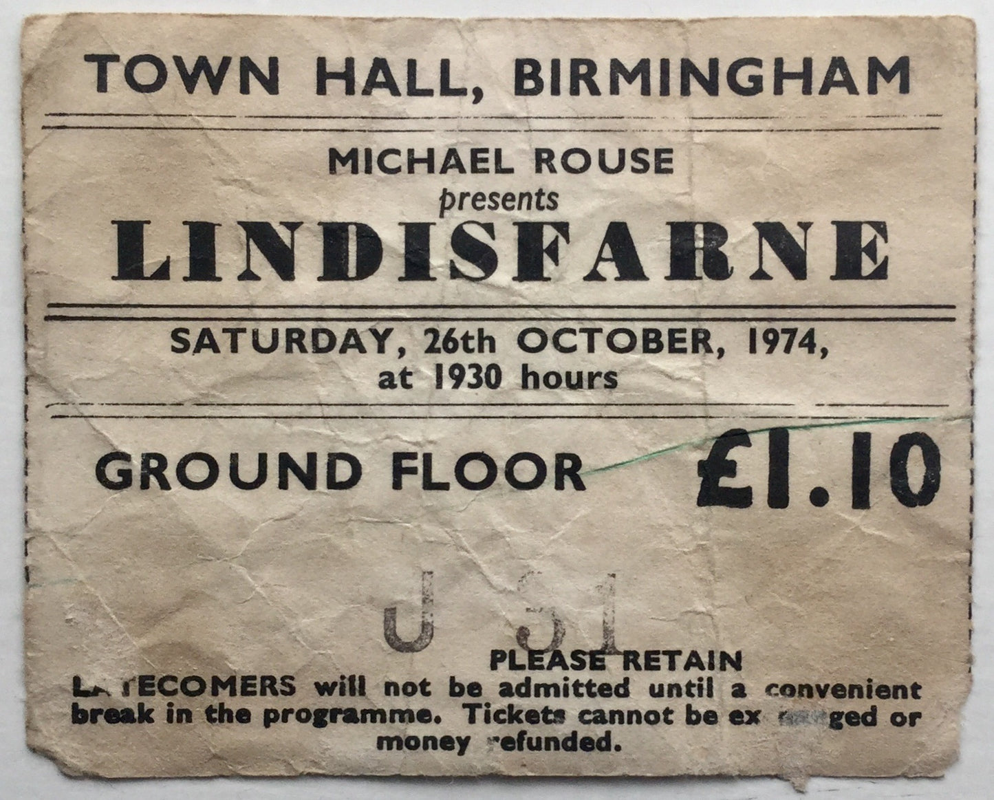 Lindisfarne Original Used Concert Ticket Town Hall Birmingham 26th Oct 1974