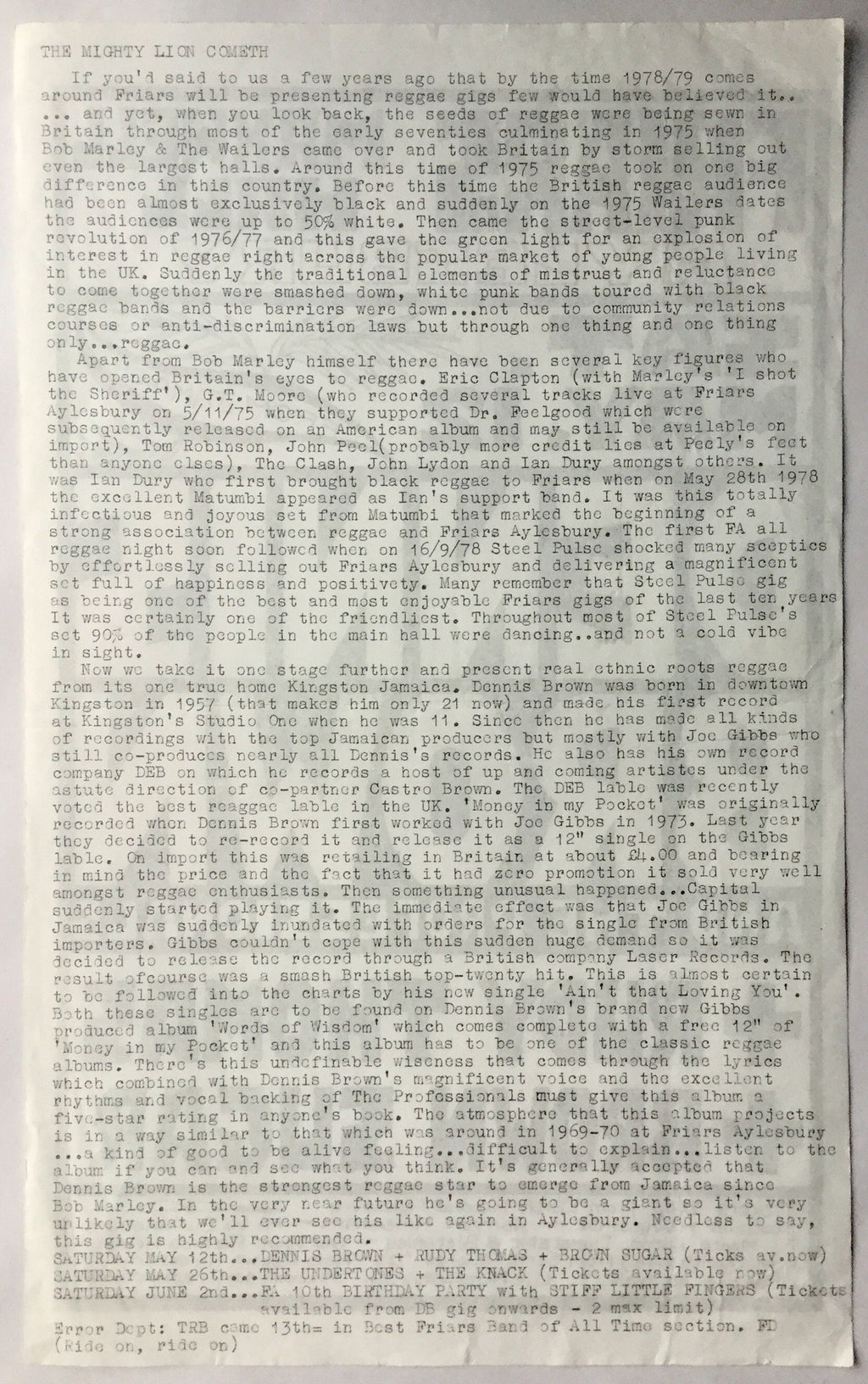 Dennis Brown Rudy Thomas Brown Super Original Concert Handbill Flyer Friars Aylesbury 1979