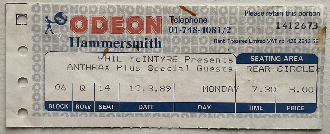 Anthrax Original Used Concert Ticket Hammersmith Odeon London 13th Mar 1989