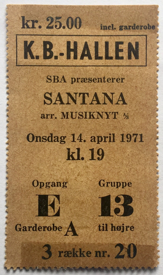 Santana Original Used Concert Ticket KB Hallen Copenhagen 14th April 1971