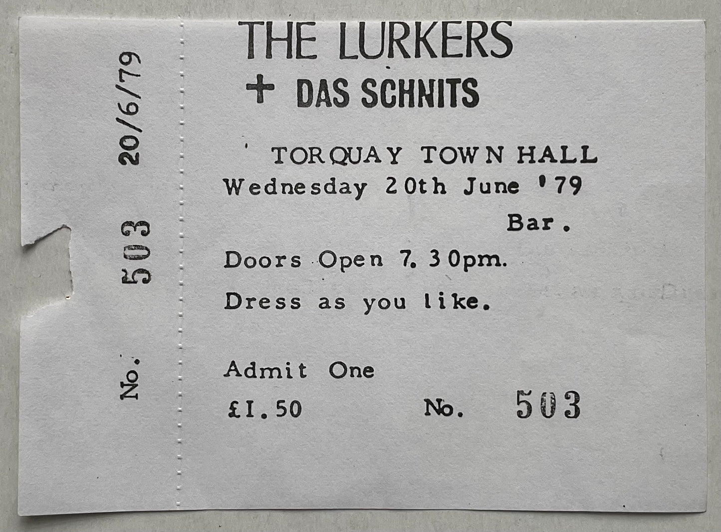 Lurkers Original Unused Concert Ticket Torquay Town Hall 1979