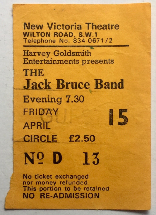 Jack Bruce Band Original Used Concert Ticket New Victoria Theatre London 15th Apr 1977