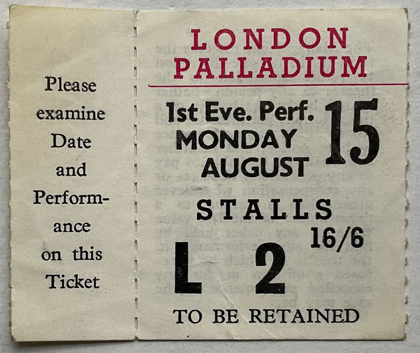 Cliff Richard Joan Regan Original Unused Early Concert Ticket London Palladium 15th Aug 1960