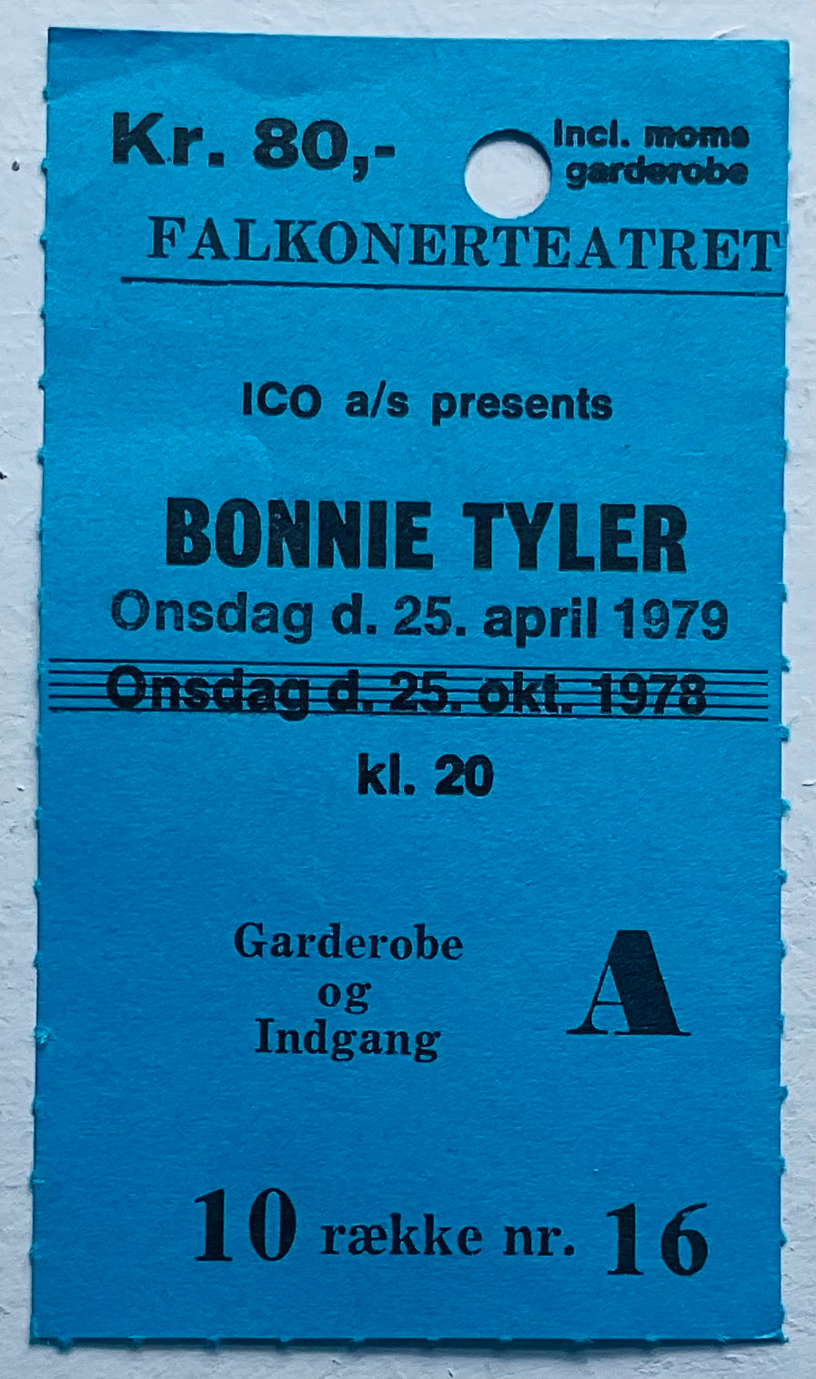 Bonnie Tyler Original Used Concert Ticket Falkonerteatret Copenhagen 25th Apr 1979