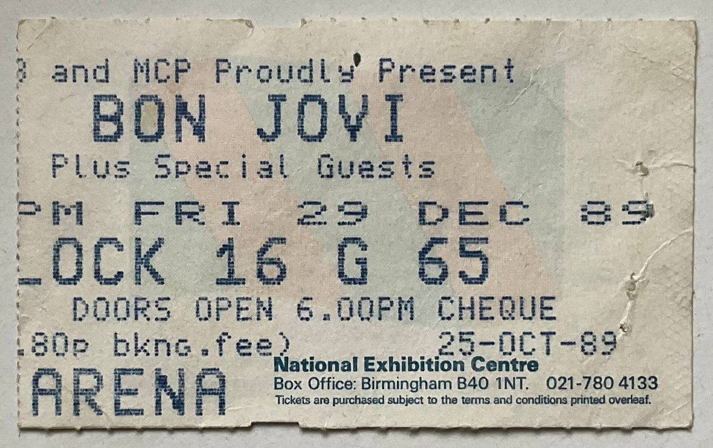 Bon Jovi Original Used Concert Ticket NEC Arena Birmingham 29th Dec 1989