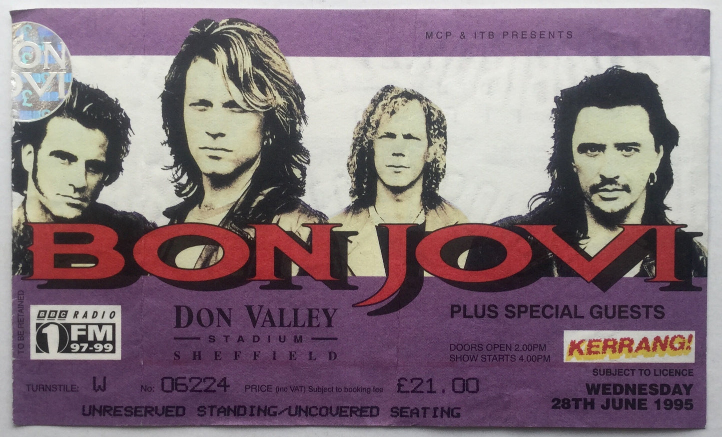 Bon Jovi Original Used Concert Ticket Don Valley Stadium Sheffield 28th Jun 1995