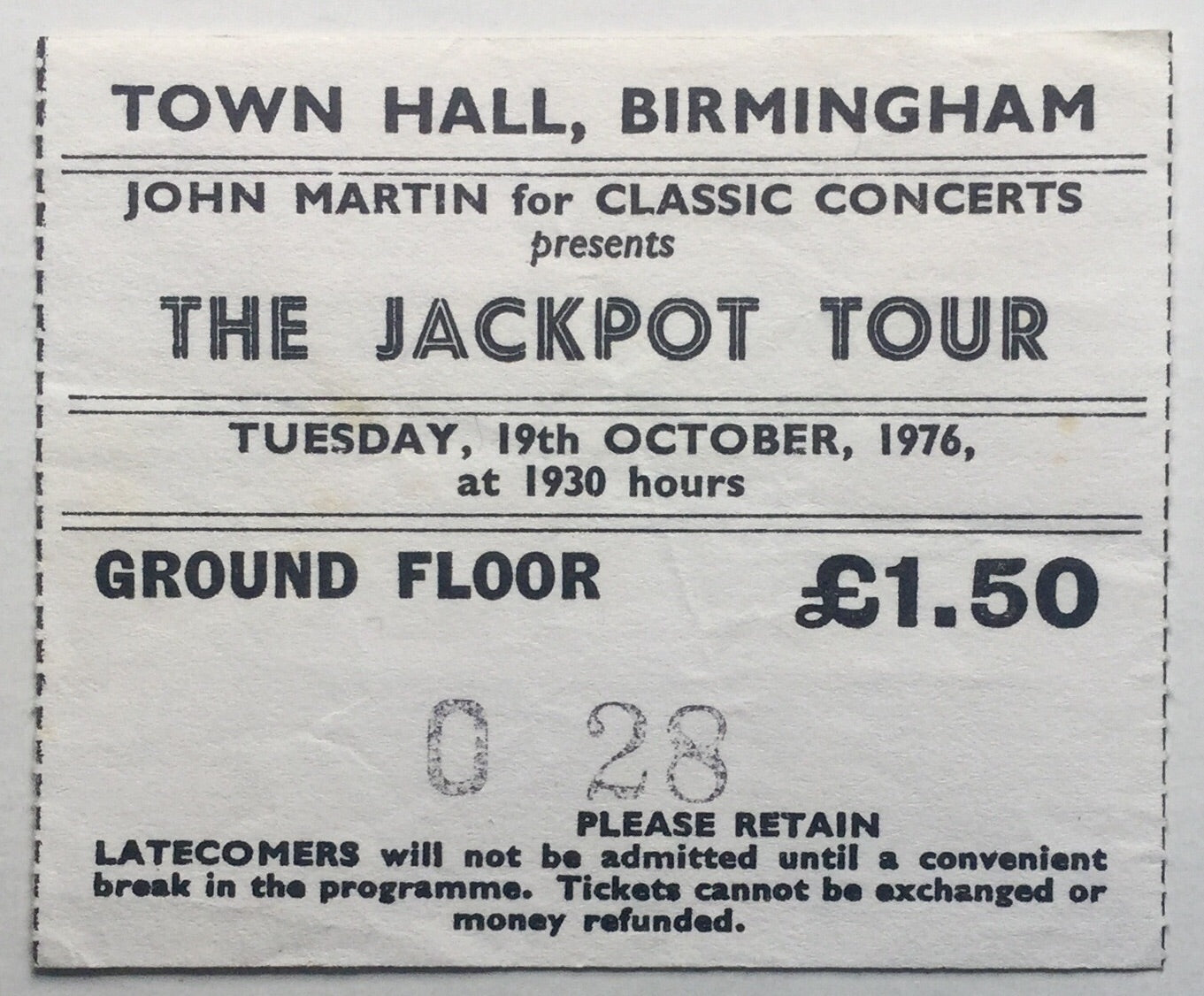 Split Enz Jack The Lad Original Used Concert Ticket Town Hall Birmingham 1976