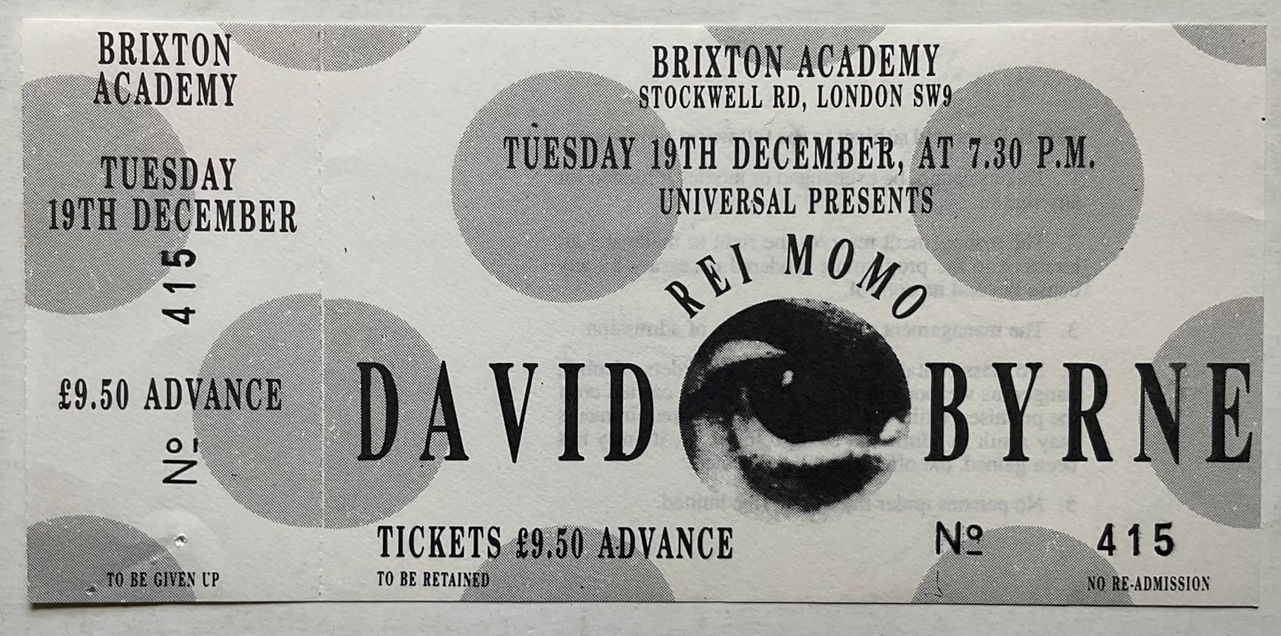 David Byrne Original Unused Concert Ticket Brixton Academy London 19th Dec 1989