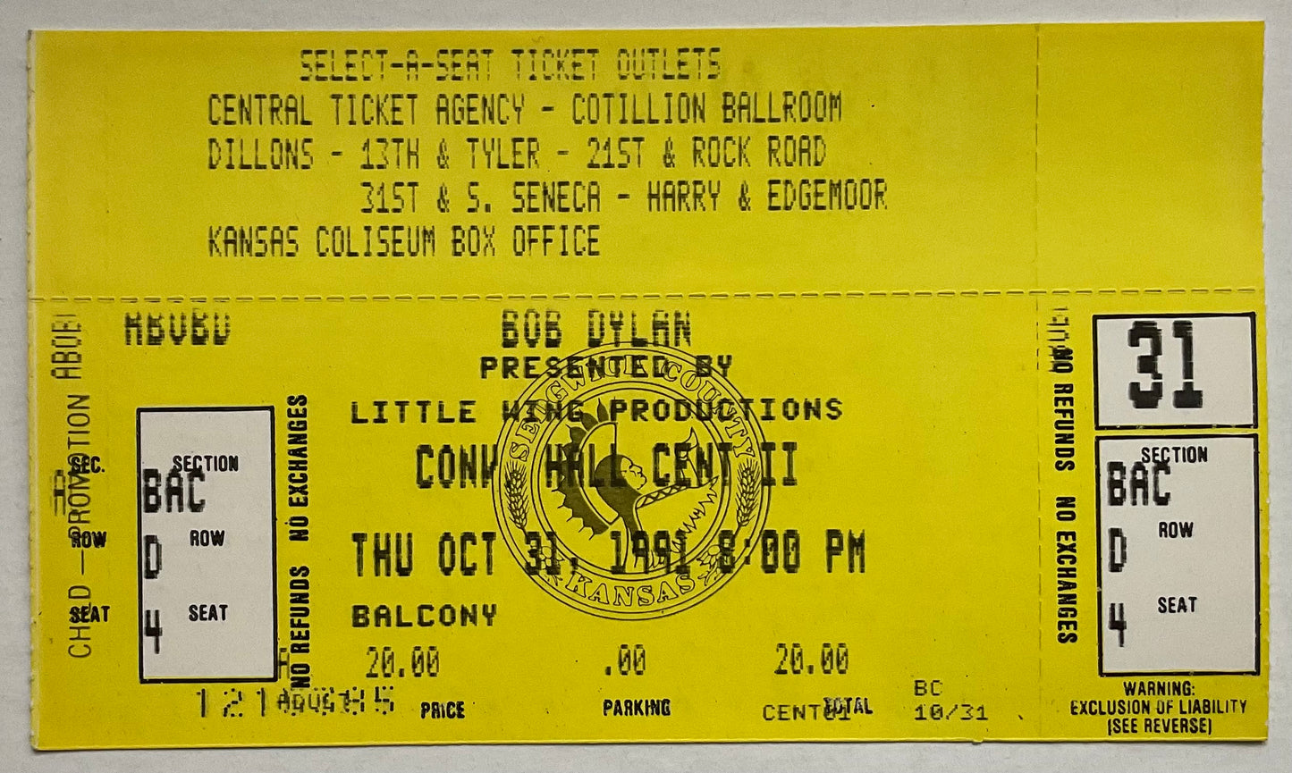 Bob Dylan Original Unused Concert Ticket Century II Convention Center Wichita 31st Oct 1991