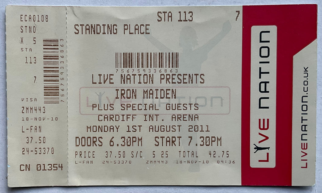 Iron Maiden Original Unused Concert Ticket Cardiff International Arena 1st Aug 2011