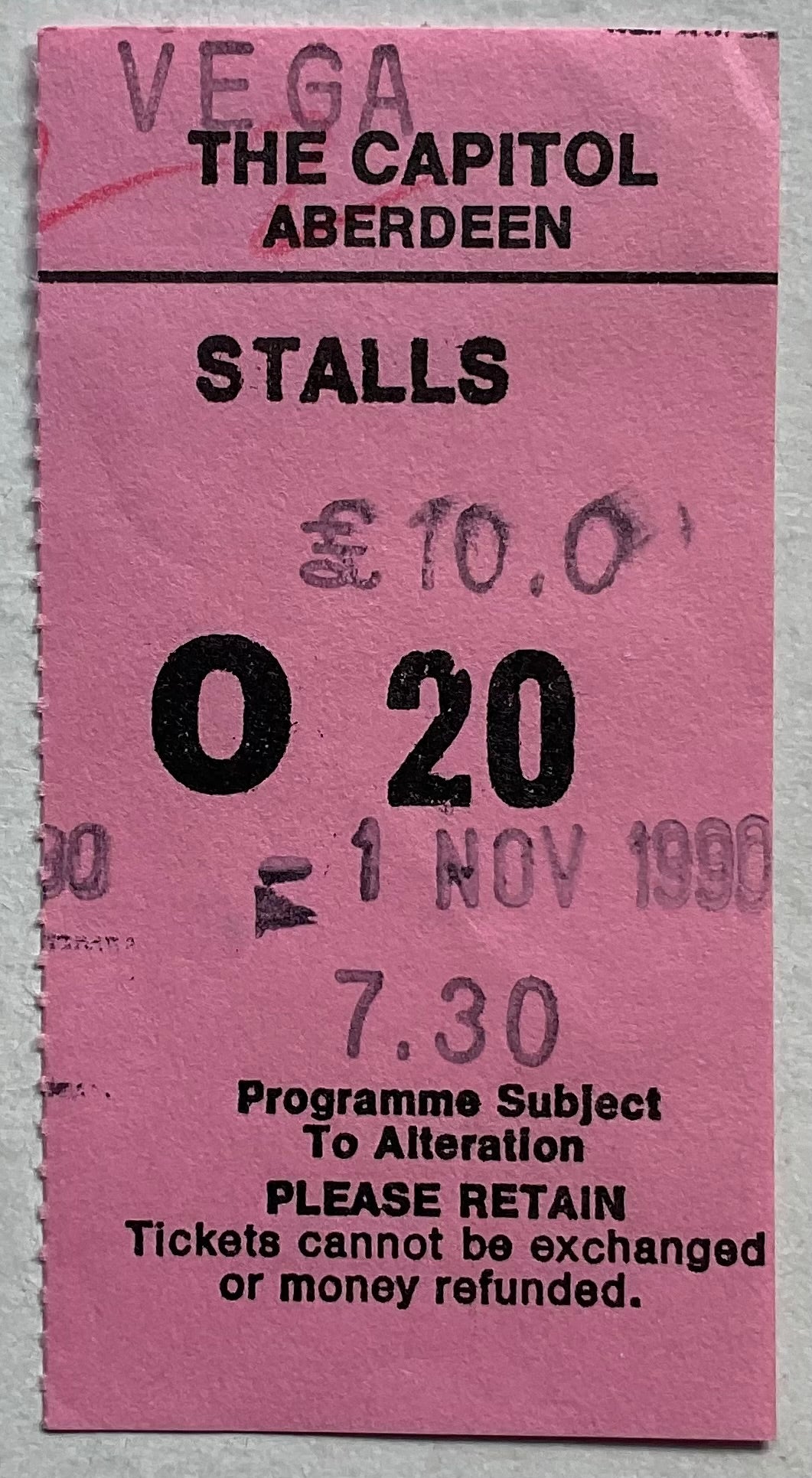 Suzanne Vega Original Used Concert Ticket Capitol Theatre Aberdeen 1st Nov 1990