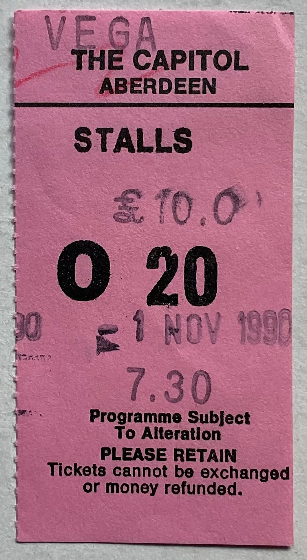 Suzanne Vega Original Used Concert Ticket Capitol Theatre Aberdeen 1st Nov 1990
